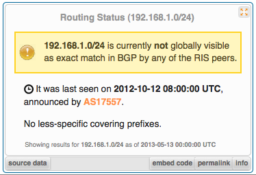 Информация о том, когда сеть 192.168.1.0/24 была замечена последний раз маршрутизаторами RIS и какая автономная система её анонсировала