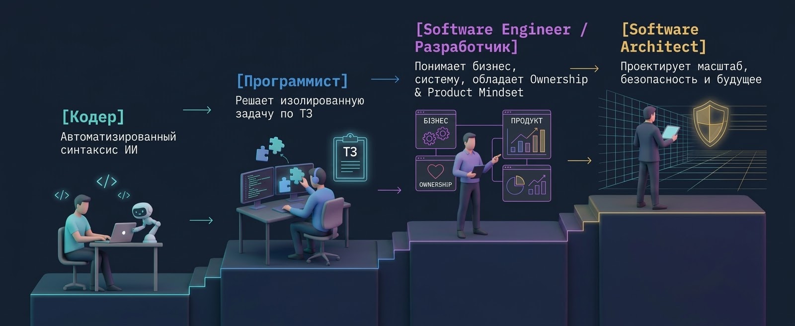 Схема 1 - Градация ролей в IT: от механического синтаксиса до бизнес-архитектуры